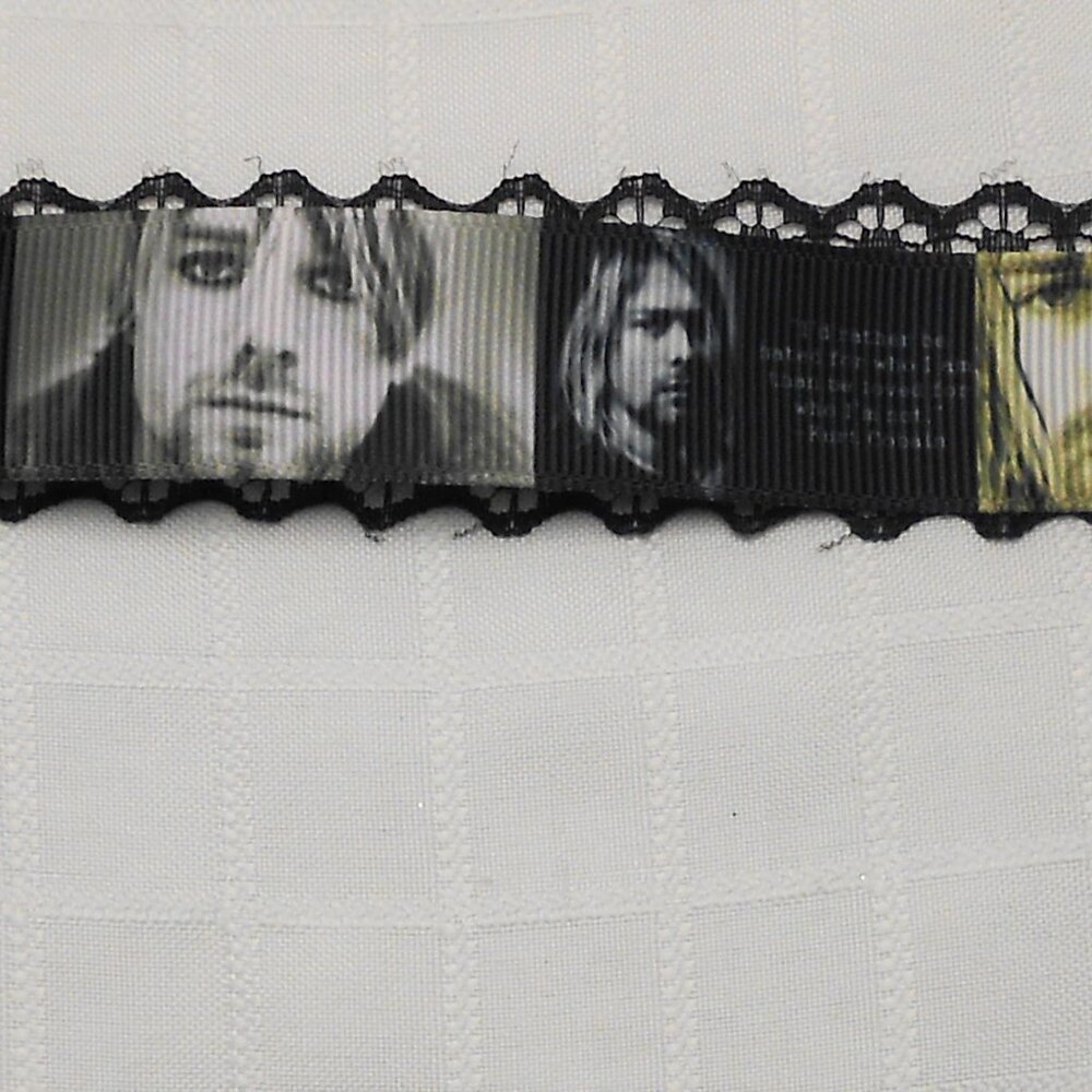 No587 Statement handmade choker necklace with Kurt Cobain patterned ribbons rows